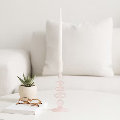 Decorative Candle Holder for Taper Candles - Modern Glass Candlestick Holder with Disc and Sphere Design for Table Decor - 11" Pink | Target