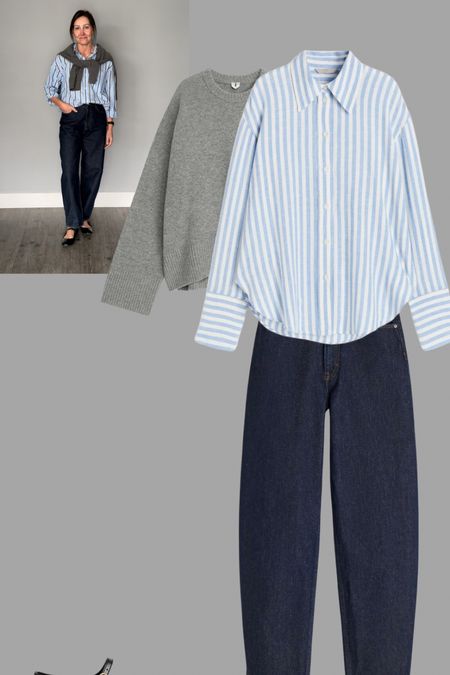 Barrel jeans with a simple striped shirt and grey cashmere jumper drape