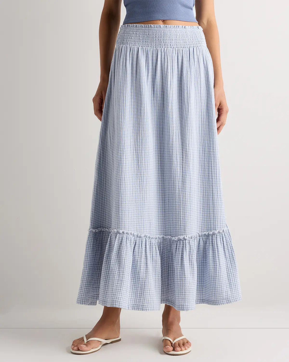 Organic Cotton Gauze Smocked Maxi Skirt in Blue Gingham | Quince