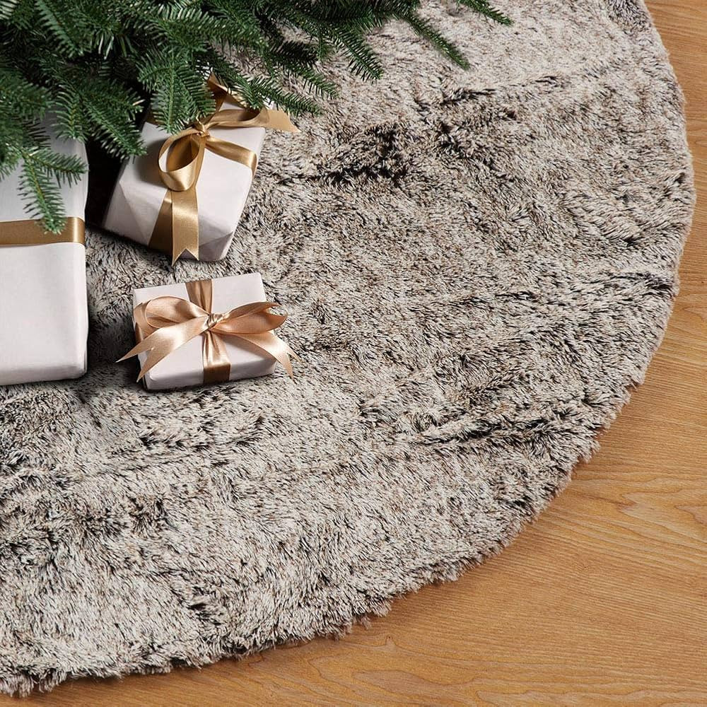 GMOEGEFT Christmas Tree Skirt 48 Inches Brown Plush Faux Fur for Slim Pencil Tree Xmas Holiday De... | Amazon (US)