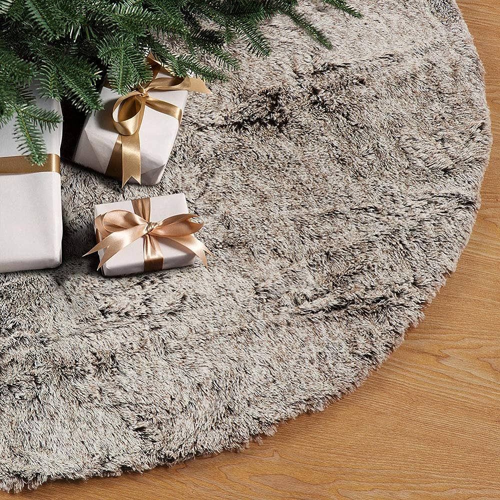GMOEGEFT Christmas Tree Skirt 48 Inches Brown Plush Faux Fur Xmas Holiday Decorations Ornaments | Amazon (US)