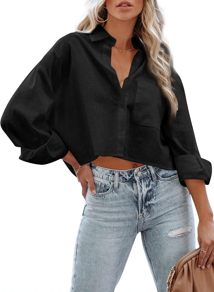 HOTAPEI Womens Button Down 100% Cotton Cropped Shirts Oversized Long Sleeve Casual Dressy Tops So... | Amazon (US)