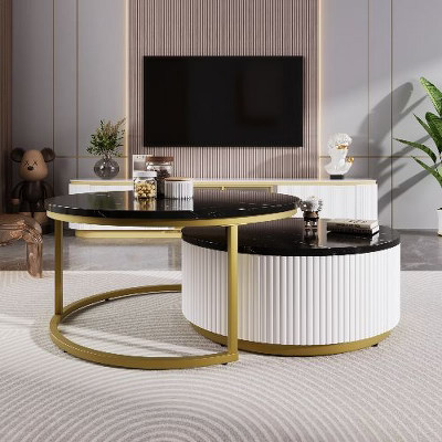 Sapphtopaz Modern Round Nesting Coffee Table Set with Fluted Design, Modern Coffee Table with Drawer & MDF Top, Black & Gold Center Table Set | Target