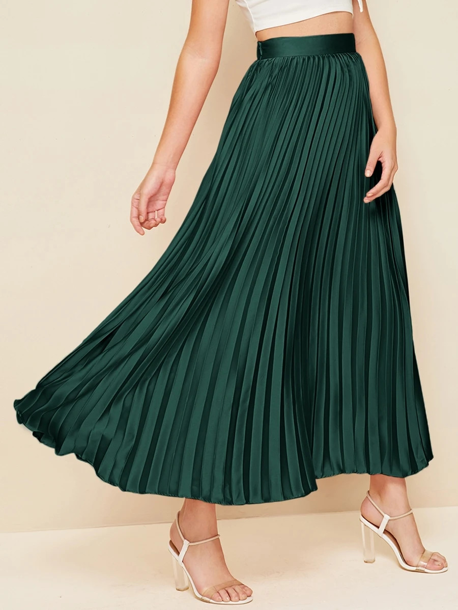 SHEIN Wide Band Waist Pleated Satin Maxi Skirt | SHEIN