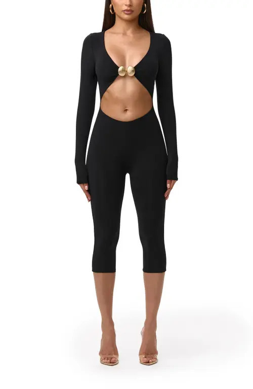Naked Wardrobe V-Cutout Capri Jumpsuit in Black at Nordstrom, Size Small | Nordstrom