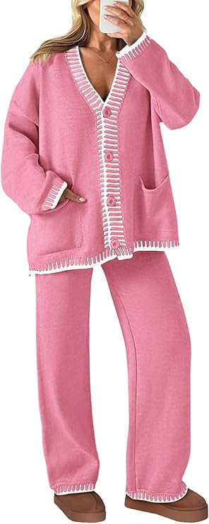 PRETTYGARDEN Women's 2 Piece Outfits Knit Matching Lounge Sets Long Sleeve V Neck Cardigan Sweate... | Amazon (US)