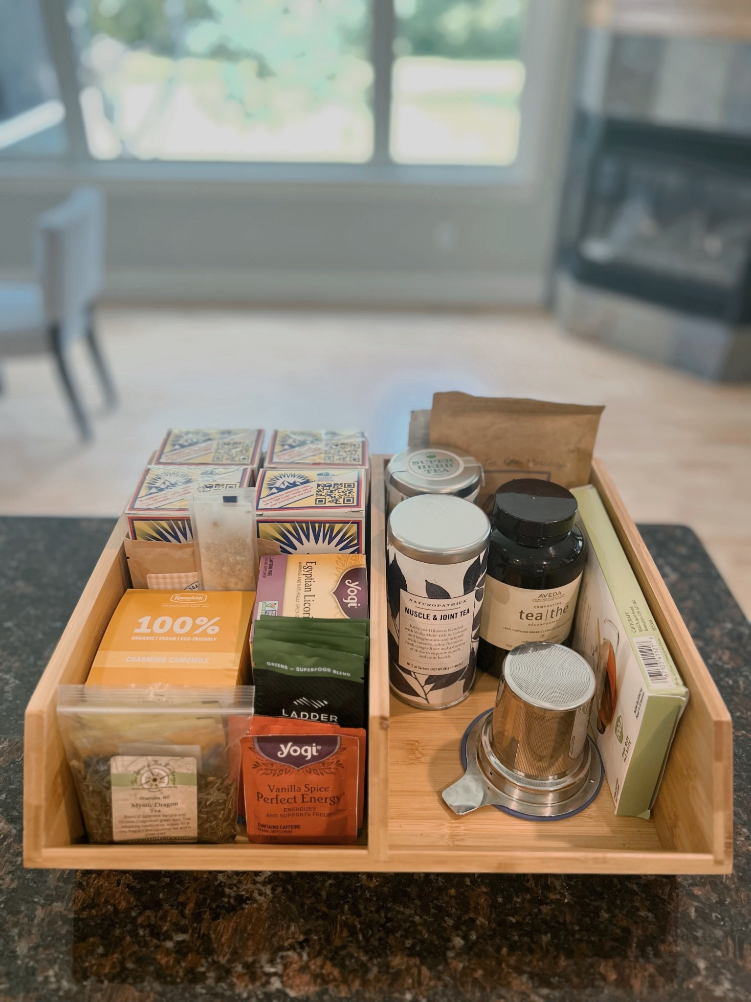Stackable Bamboo Storage Bin used for a tea station 