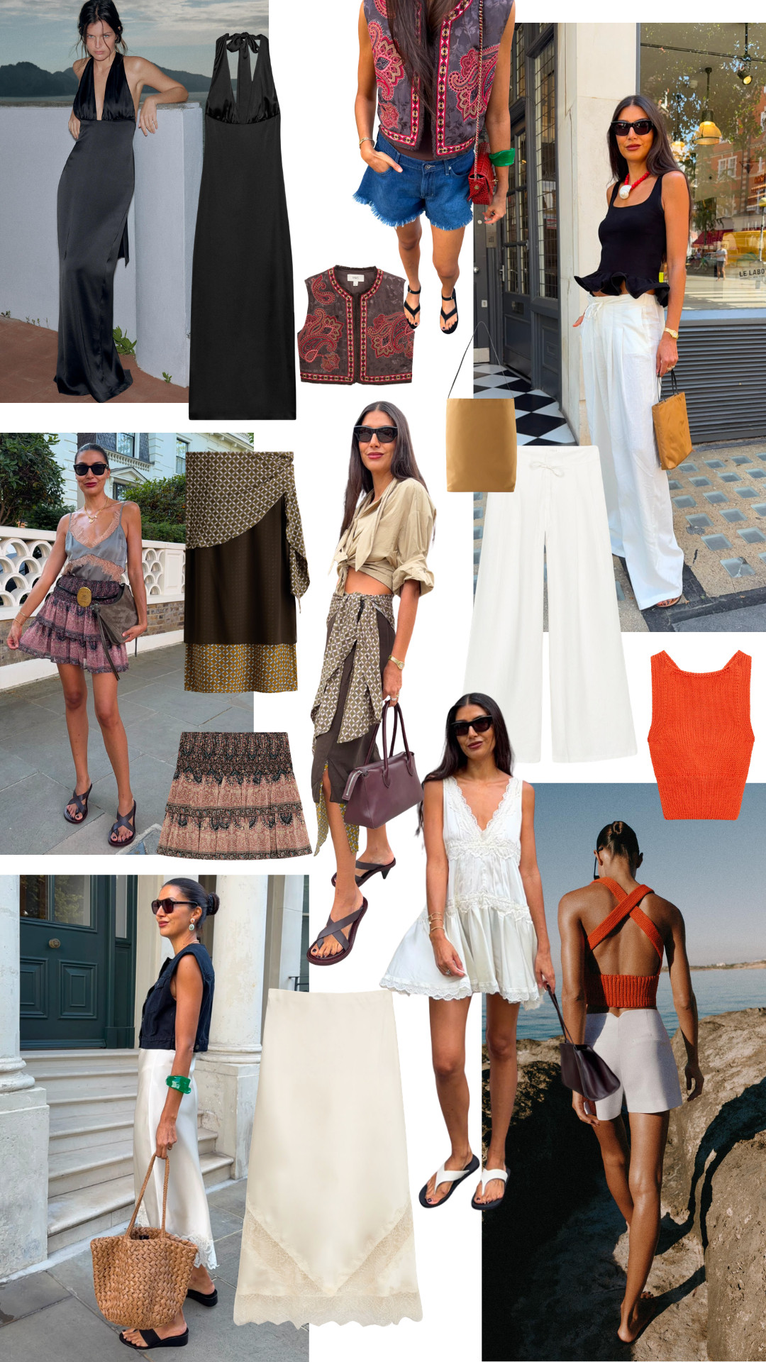 Heatwave outfits!

black halter maxi dress, satin halter dress, black peplum top, white wide leg trousers, embroidered vest, denim shorts, printed wrap skirt, tiered mini skirt, slip camisole, lace trim white mini dress, cream midi skirt, orange knit tank, open back knit top, flip flops, woven tote bag, brown shoulder bag, resortwear, summer style, vacation outfits, chic neutrals, boho luxe, elevated basics 

 #LTKsummer #LTKeurope #LTKtravel