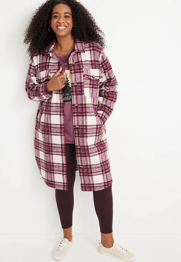 Plus Size Wine Plaid Faux Wool Shacket | Maurices