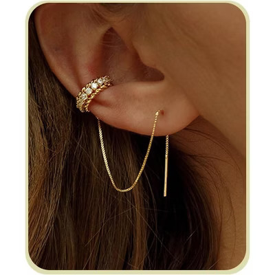 Gold Plated Huggie Earrings with Tassel Chain Drop & CZ, Dainty Small Hoop Stud Earrings for Women & Teens Gold One Size | Target