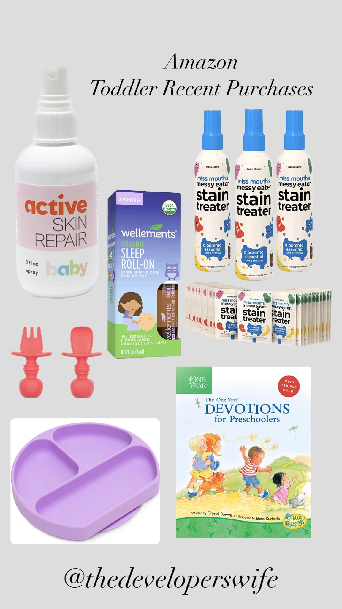 Recent TODDLER Purchases & Restock 

Miss Messy Mouths is the best stain remover, we even use it on adult clothes. Spray for at home & wipes for on the go, diaper bag, purse truck etc. 

Bumpkins Brand Plates & Utensils for feeding toddlers by far the best. Grip sticks to high chair & safe utensils that are easy for their hand eye coordination. 

Kids Daily Devotional so fun to add as family time we read it to Stella every morning. 

Lavender roll on helps Stella sleep at night which means we get sleep 🙌🏼 

Active spray works on diaper rash, cuts etc 

#LTKbaby #LTKbump #LTKkids