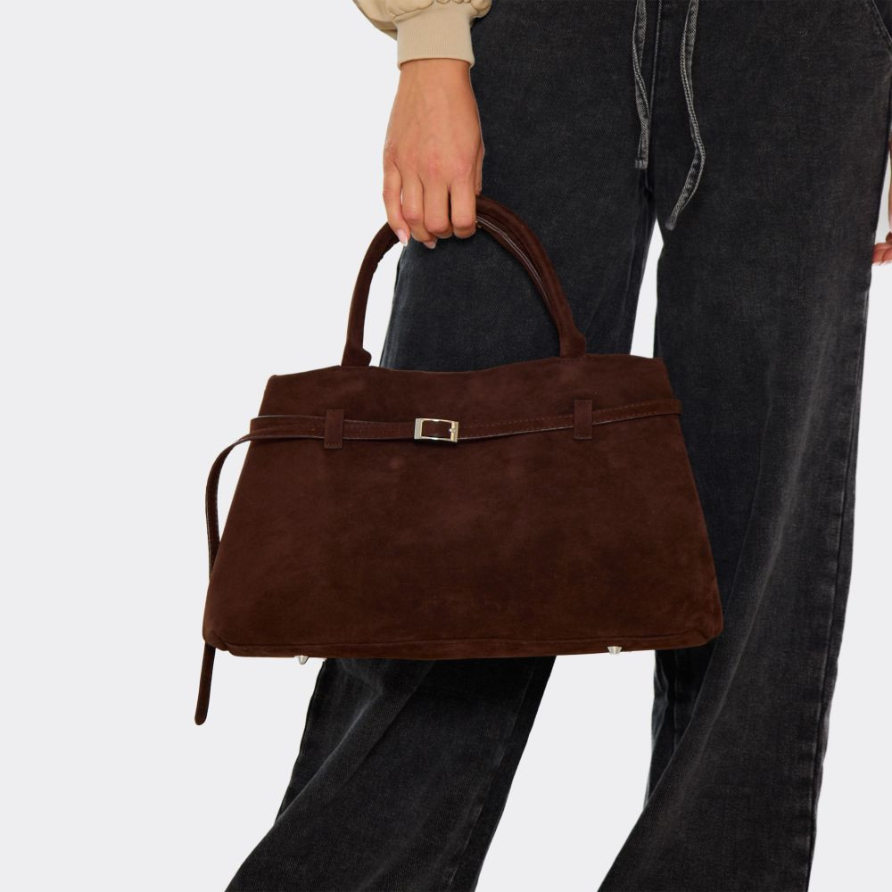 Joff Buckle Detail Shaped Tote Bag In Brown Faux Suede | EGO (UK)