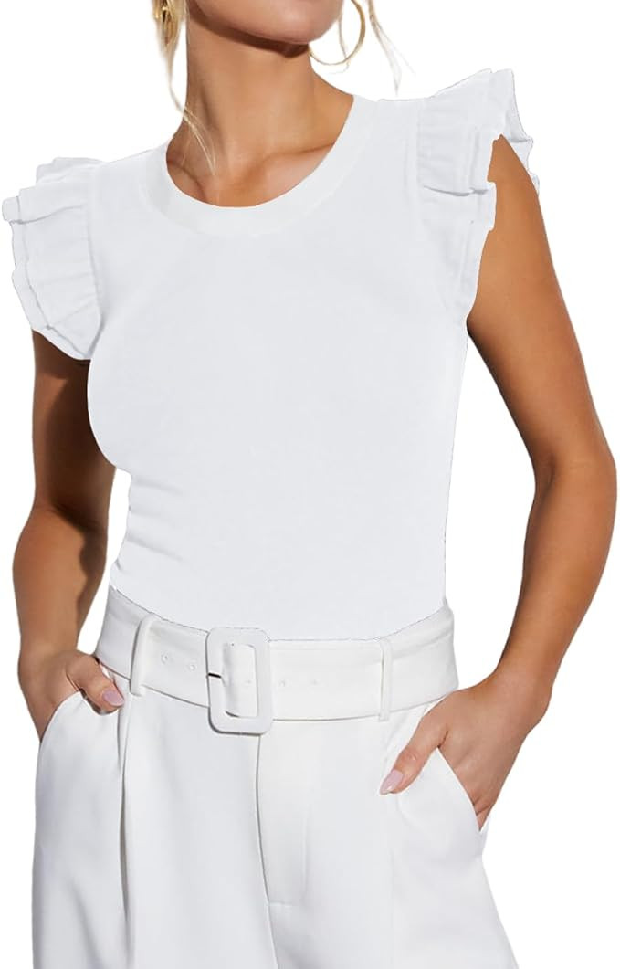 Ezbelle Women's Summer Tank Tops Ruffle Shirts Ribbed Knit Sleeveless Blouse Sexy Tshirt Trendy O... | Amazon (US)