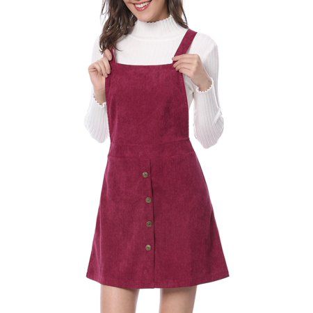 Women's Corduroy Button Decor A Line Suspender Overall Skirt Dress Burgundy L | Walmart (US)