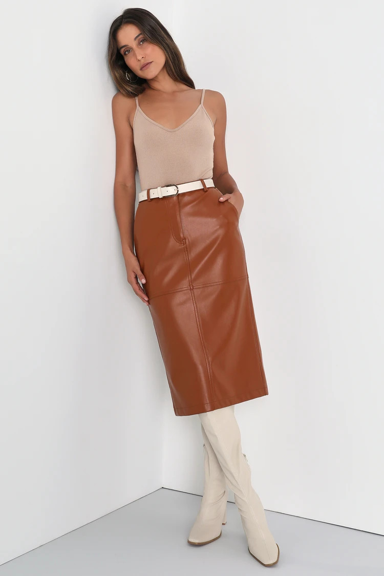 Smooth Charmer Brown Vegan Leather High-Rise Midi Skirt | Lulus (US)