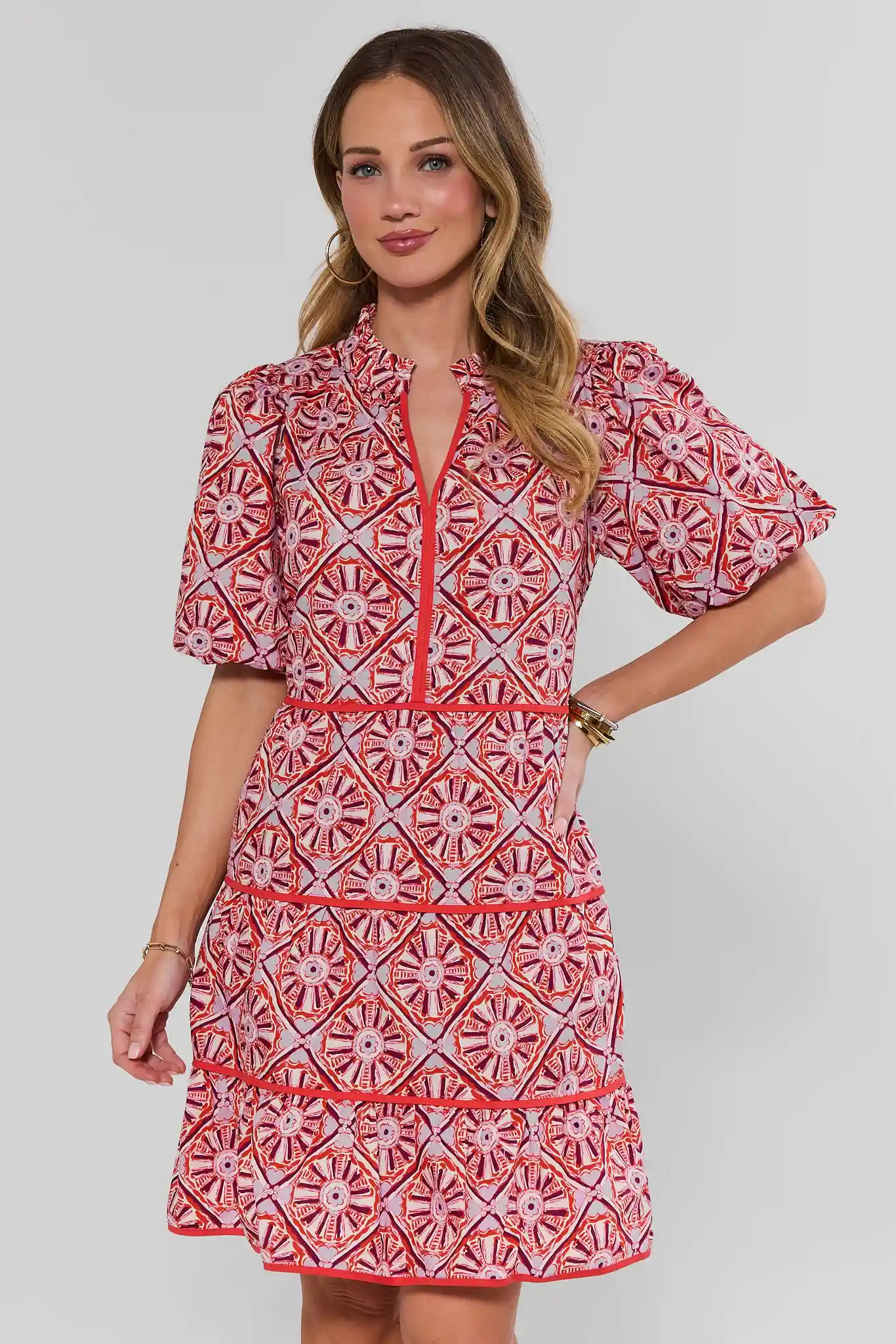Becca Lilac Printed Tiered Short Dress | Avara