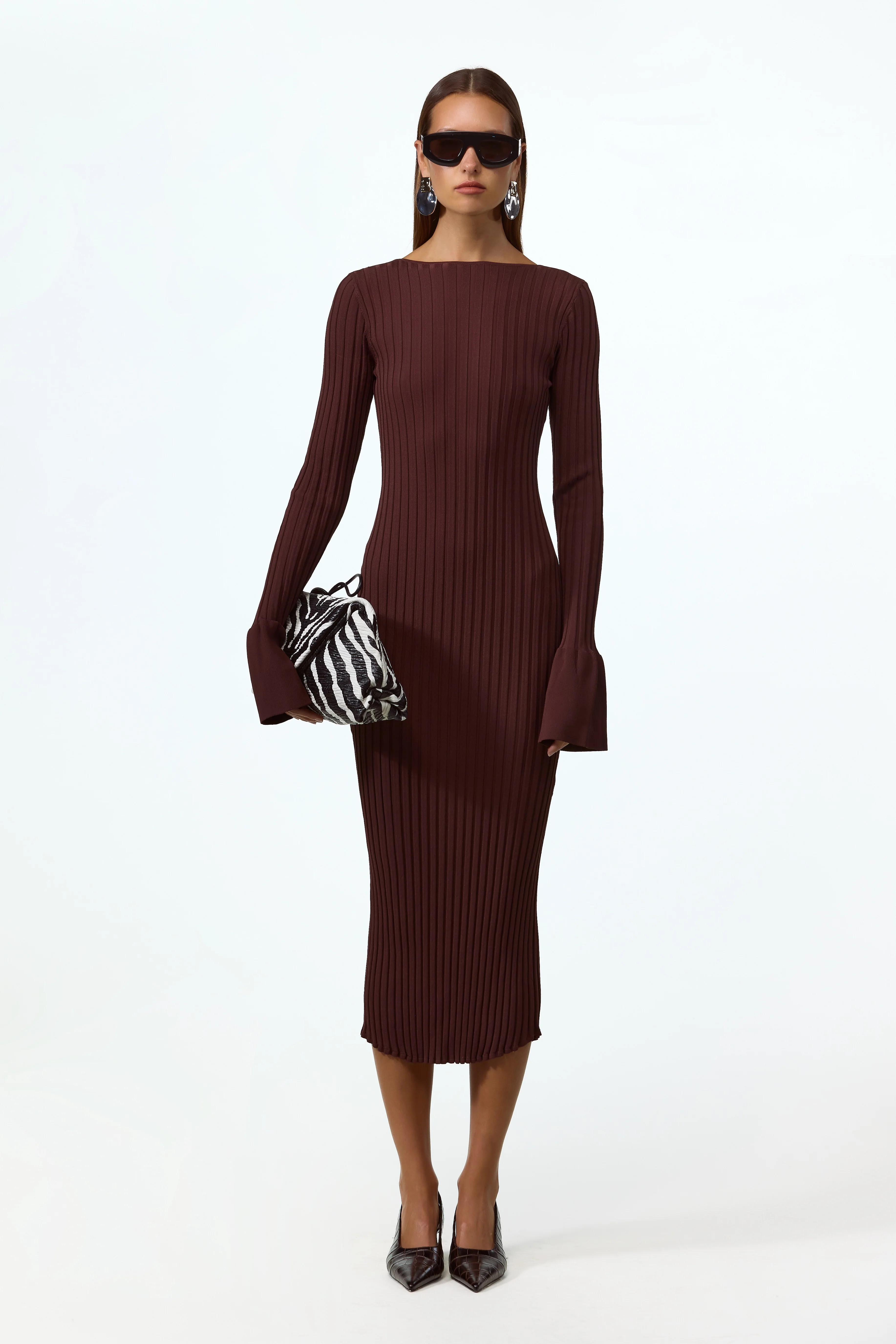 Cuffed Ribbed Knit Dress (Chocolate Brown) L / Chocolate Brown | SAME