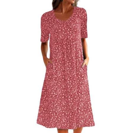 Voguele Ladies T-Shirt Dresses Short Sleeve Tunic Midi Dress Floral Print Sundress Kaftan Baggy Red  | Walmart (US)