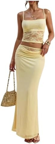 Amazon.com: Verdusa Women's 2 Piece Vacation Outfits Lace Backless Cami Tops with Maxi Skirts Sum... | Amazon (US)