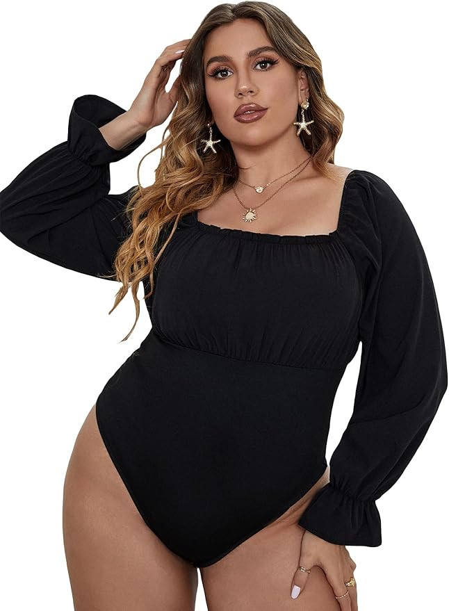 WDIRARA Women's Plus Size Bishop Long Sleeve Scoop Neck Bodysuit Casual Tops | Amazon (US)