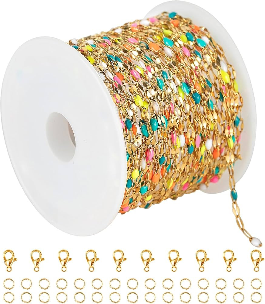 UMAOKANG 16.4ft/5m Gold Plated Stainless Steel Chains Bulk Mixed Color Enamel Bead Chain Spool fo... | Amazon (US)