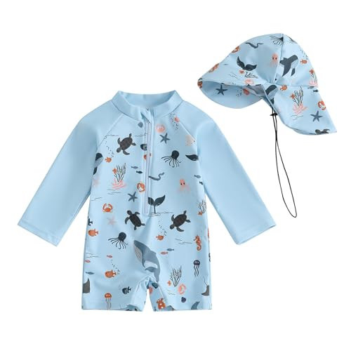Hnyenmcko Baby/Toddler Boy Rash Guard Swimsuit Long Sleeve One Piece Zipper Swimwear Sunsuit Infant Bathing Suit Beachwear (Animal-Sky Blue, 0-3 Months) | Amazon (US)