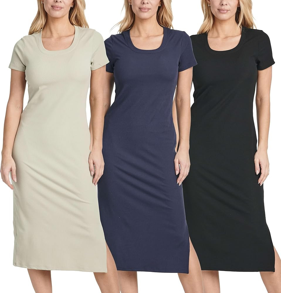 Real Essentials 3 Pack: Women's Ribbed Jersey Crew Neck Short Sleeve Midi Length Dress with Side ... | Amazon (US)