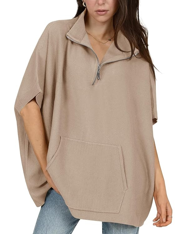 Langwyqu Womens Oversized Half Zip Sweater Batwing Short Sleeve Mock Neck Knit Pullover Tops with... | Amazon (US)