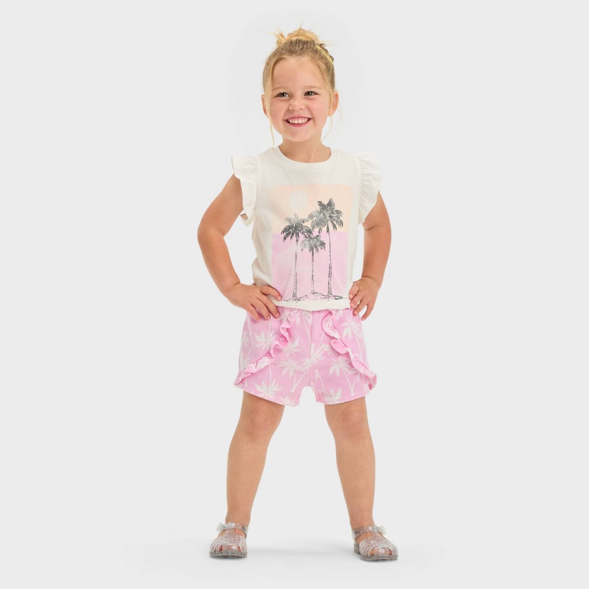 Grayson Mini Toddler Girls' Flutter Sleeve Palm Tree Printed & French Terry Shorts Set - White | Target