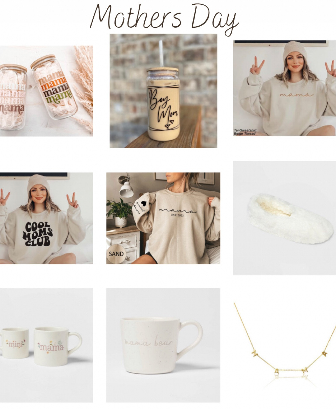 Mothers Day Gift Guide 💖
 
Mama necklace. Mama glass tumbler. Mama graphic sweatshirt. Mom graphic sweatshirt. Fuzzy slippers. Mama and mini mugs. Stoneware mama bear mug. 

#LTKGiftGuide #LTKSeasonal