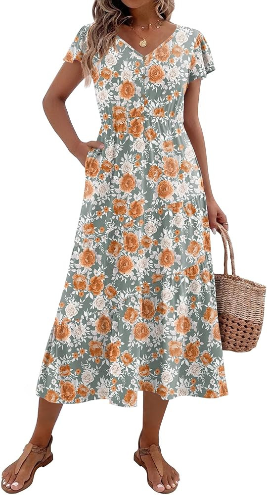 Zeagoo Women's Summer Casual Dress Flutter Short Sleeve V Neck Button Down Tiered Flowy Long Dres... | Amazon (US)