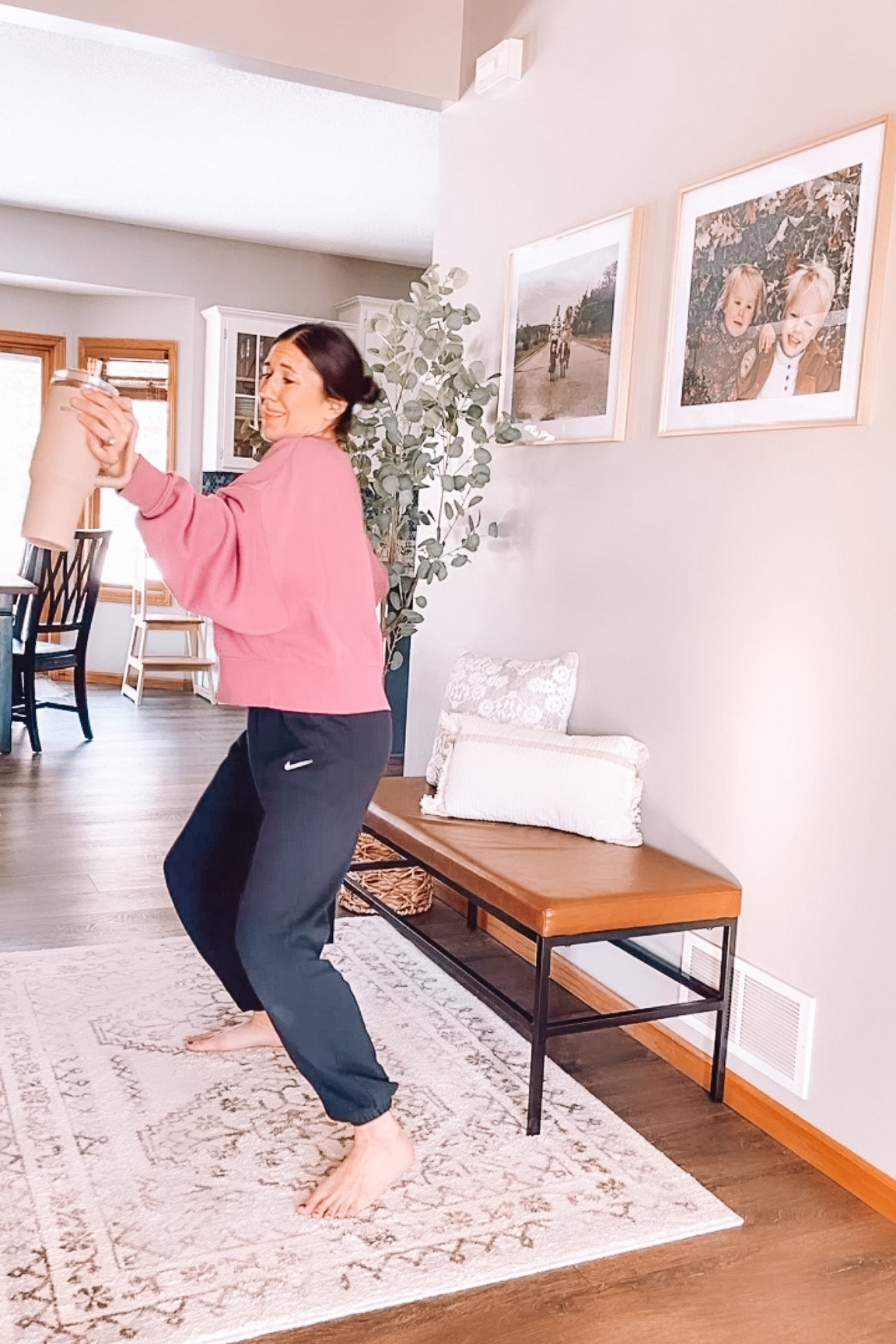 Nike sweatshirt & joggers, S & XS
Stanley cup
Front entry decor, home decor 
Target finds 
Amazon finds 
Large gold frames 
Gallery wall 
Faux tree
Bench

#LTKFind #LTKhome #LTKstyletip