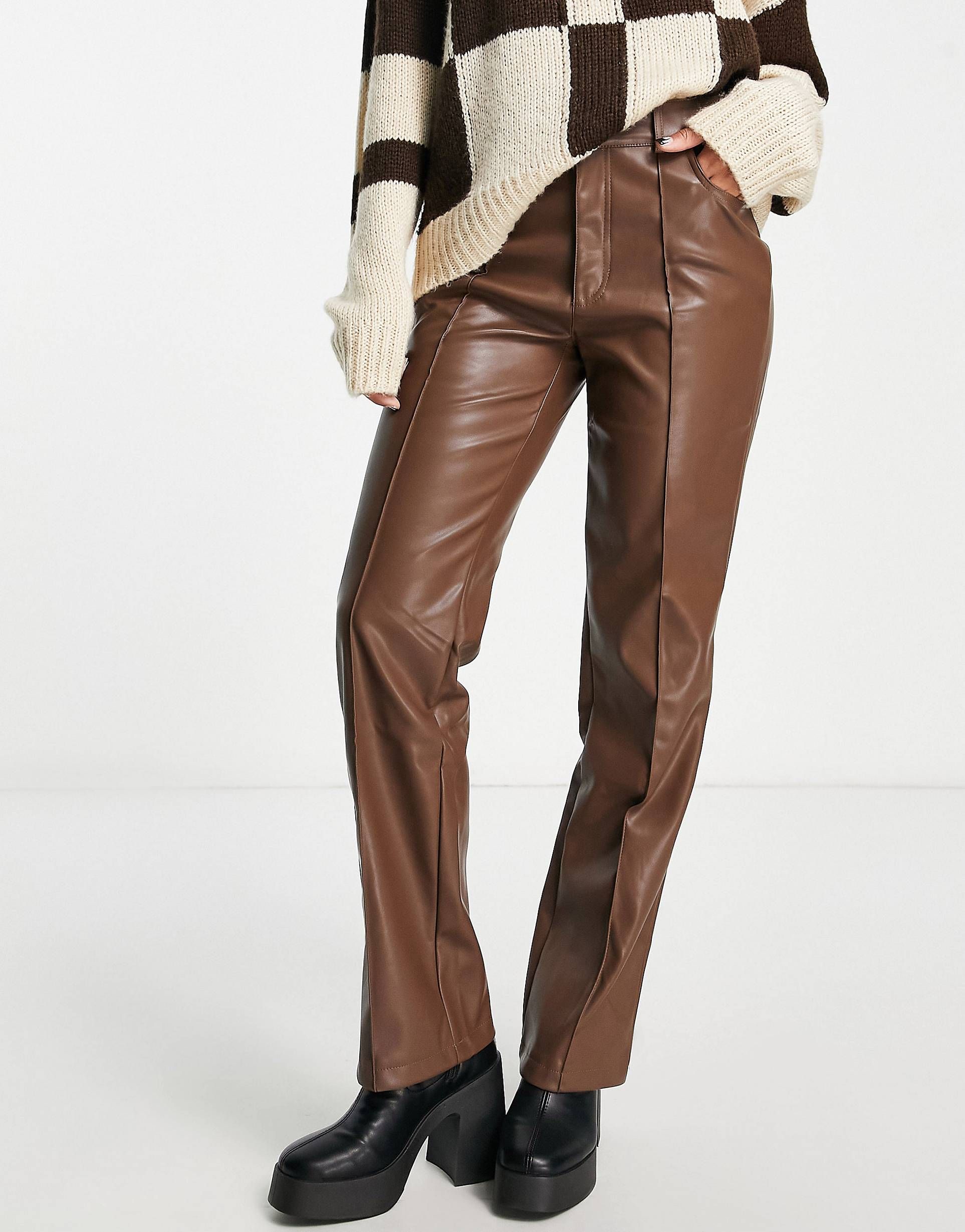 Stradivarius faux leather straight pants in brown | ASOS (Global)