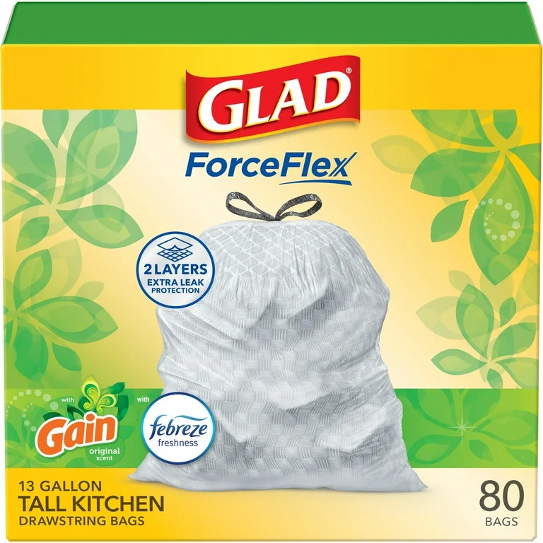 Glad ForceFlex Tall Kitchen Drawstring Trash Bags, 13 Gallon, Gain Original with Febreze Freshnes... | Walmart (US)