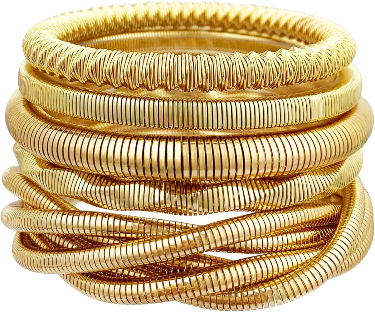 YBMYCM 5PCS Gold Bangles Bracelets for Women Chunky Stretch Bracelet Set Stainless Steel Chain Fl... | Amazon (US)