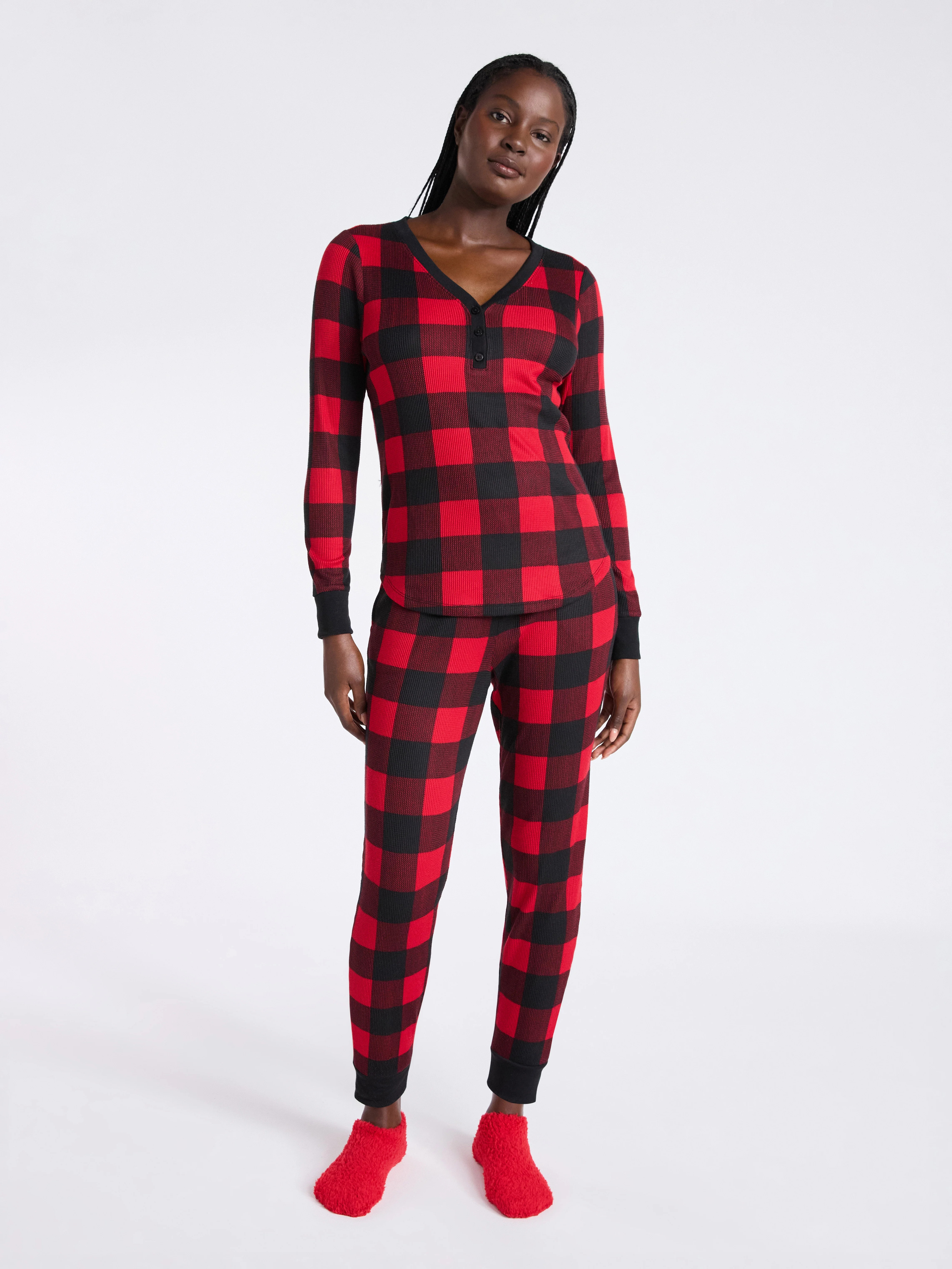 Joyspun Women's Waffle Knit Henley Sleep Top, Joggers and Socks Pajama Set, 3-Piece, Sizes XS-3X | Walmart (US)