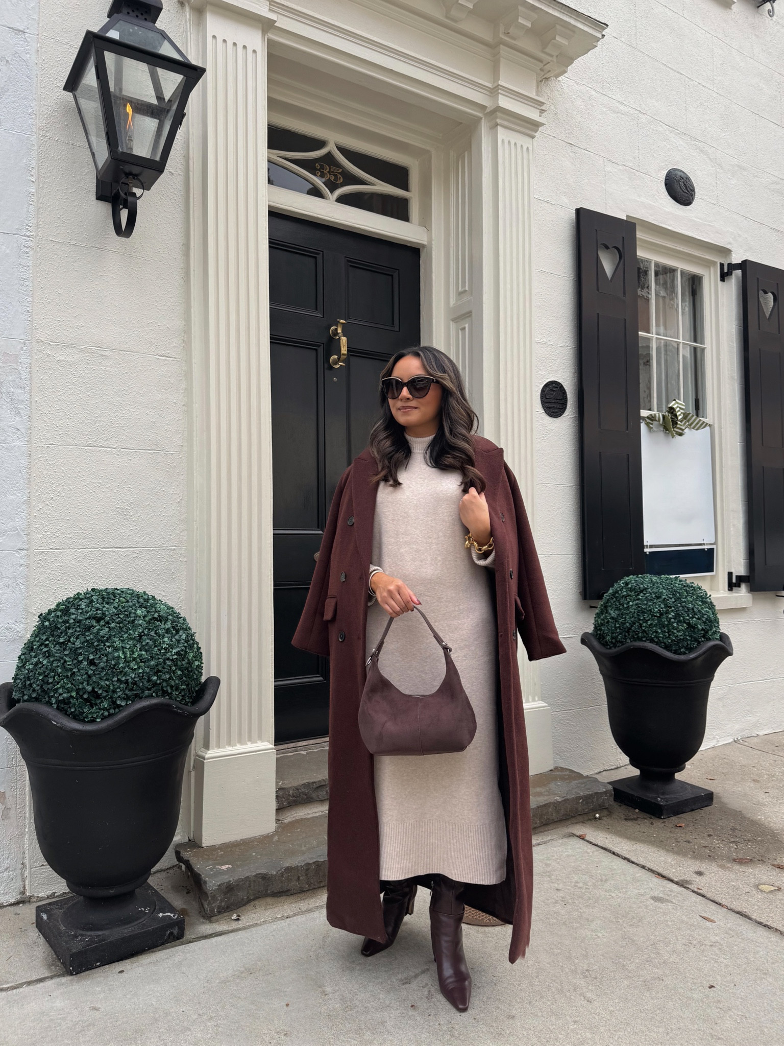 Brown long coat XXS petite TTS - size up a size if you want to button it over thick sweaters 
Sweater Dress size xs TTSLip Liner Shade limitless brown Lipgloss shade Iced CoffeeBracelet size small
Brown boots size 5 TTS

Thanksgiving OutfitFall outfit  
Holiday Outfit 
Holiday styleChristmas OutfitWinter Style  
Fall outfit 
Fall style 
Petite outfit 
Petite fashion 
 Honey Sweet Petite 
Honeysweetpetite

#LTKCyberWeek #LTKFindsUnder50 #LTKSaleAlert