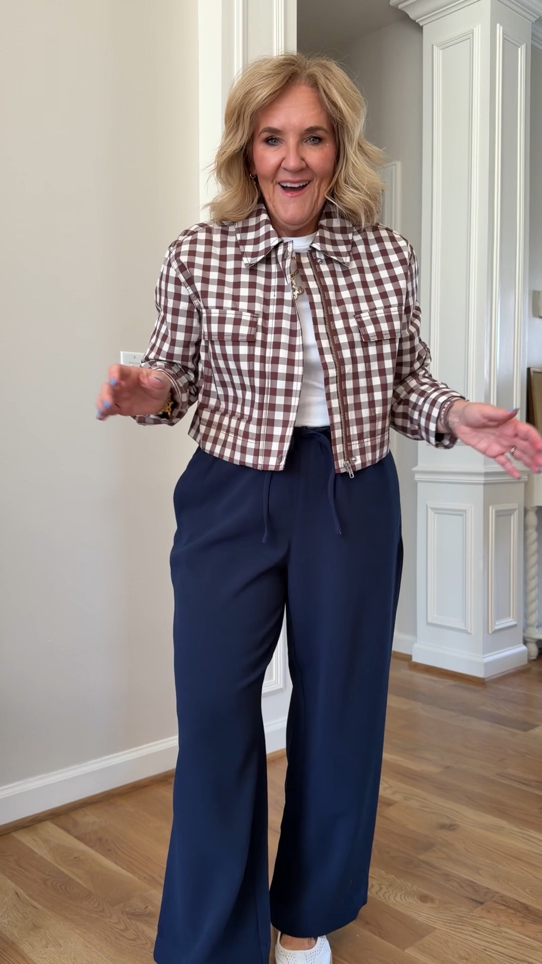 Gingham cropped jacket size medium 
These navy pants are fantastic! Wearing a petite medium 
Tee size snalll for layers 
10% off my splurge bag with code NANETTE 

#LTKSaleAlert #LTKOver40 #LTKWorkwear