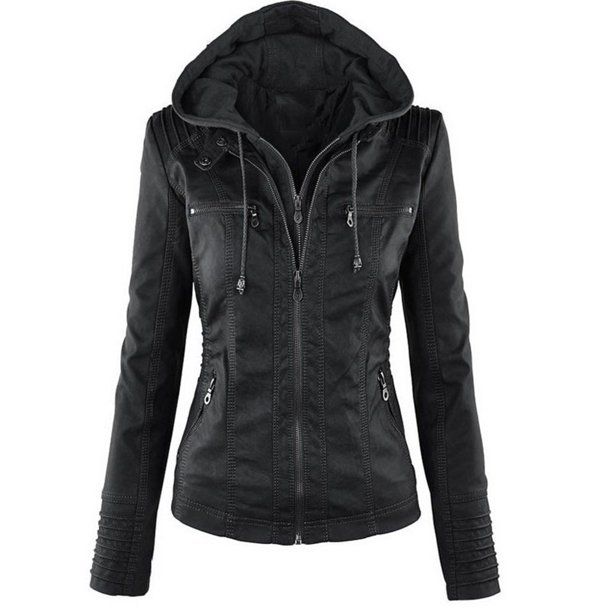 Xavaria Women's Removable Hooded Faux Leather Jacket Vintage Moto Biker Coat - Walmart.com | Walmart (US)