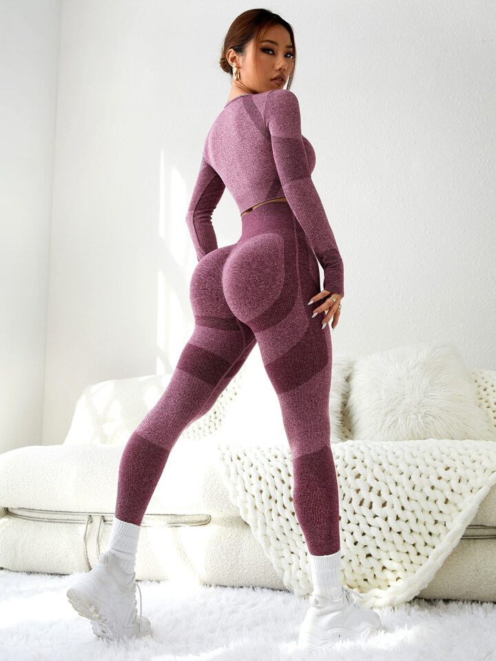 Yoga Basic 2pcs Seamless Colorblock Gym Suit Yoga Set Thumbhole Tee & Hip-hugging Tummy Control L... | SHEIN