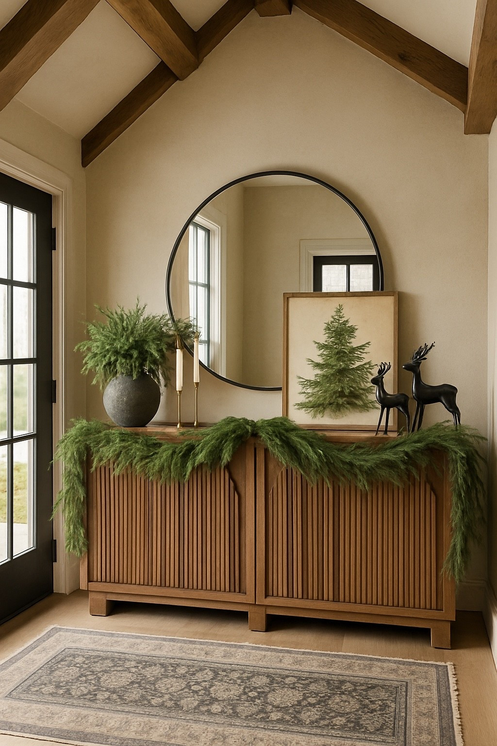 Curated Christmas Console Styling

Follow @farmtotablecreations for more holiday decorating inspiration.

This layered console look brings timeless Christmas charm with natural greenery, matte black reindeer figurines, warm wood tones, and a simple evergreen art print. A round mirror, textured vase, and tapered brass candlesticks add the perfect mix of cozy and elevated. Garland draped across the cabinet finishes the scene with a festive touch that feels both fresh and classic.

#christmasdecor #consoledecor #holidaystyling #seasonaldecor #christmasgarland #homedecorideas #christmasvibes #decorinspo #livingroomdecor #christmastouches


#LTKHome #LTKFindsUnder50 #LTKSaleAlert
