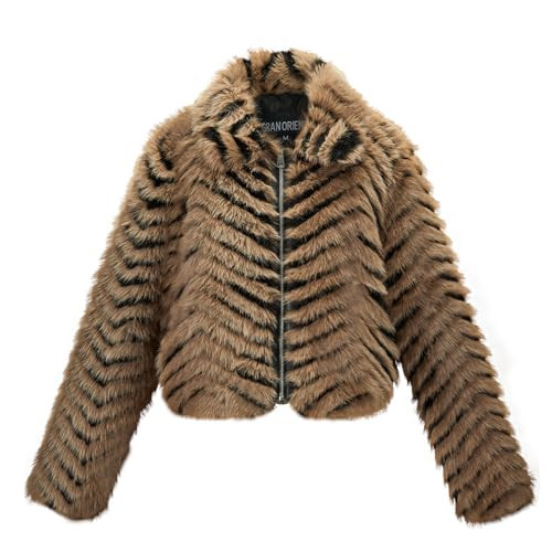 GRAN ORIENTE Women Faux Fur Leopard Print Cropped Jacket,Fleece Fluffy Leather Lined Zip Up Coat (GK084 Brown, L) | Amazon (US)