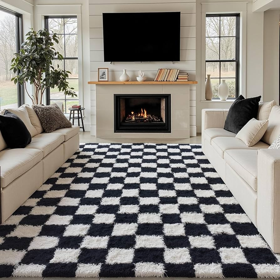 Checkered Rug 8x10 for Living Room, Black and White Modern Shag Rug Washable Non-Slip Large Area ... | Amazon (US)