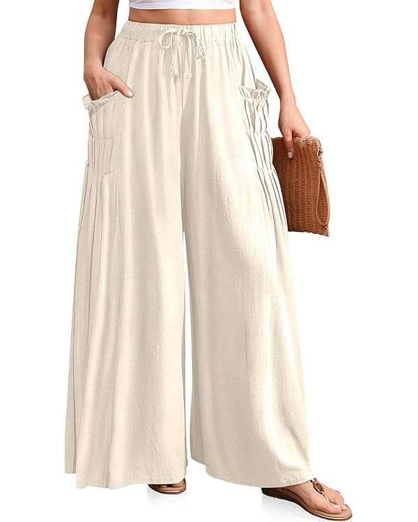 TARSE Women Linen Palazzo Pants Summer Wide Leg Boho Drawstring Casual Lounge Pant Beach Travel V... | Amazon (US)