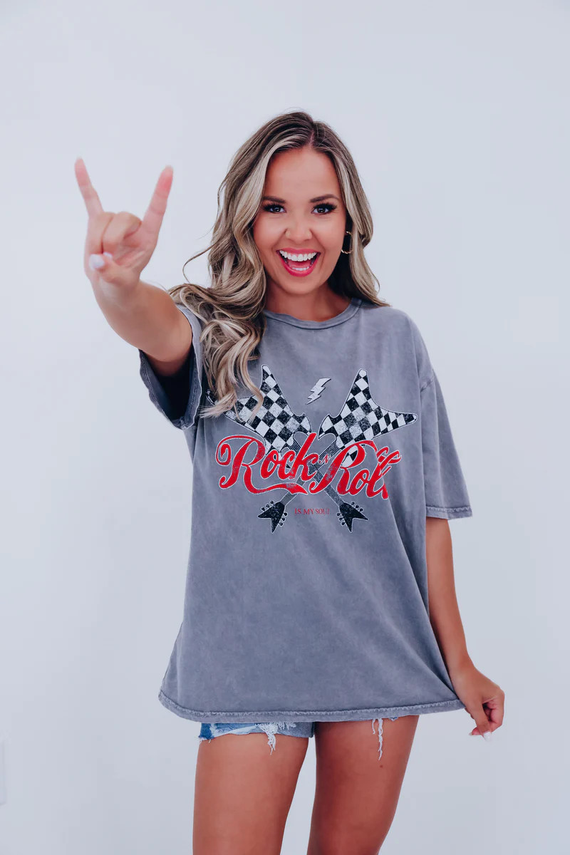 Barrett "Rock N Roll " Oversized Graphic Tee - Grey | Whiskey Darling Boutique
