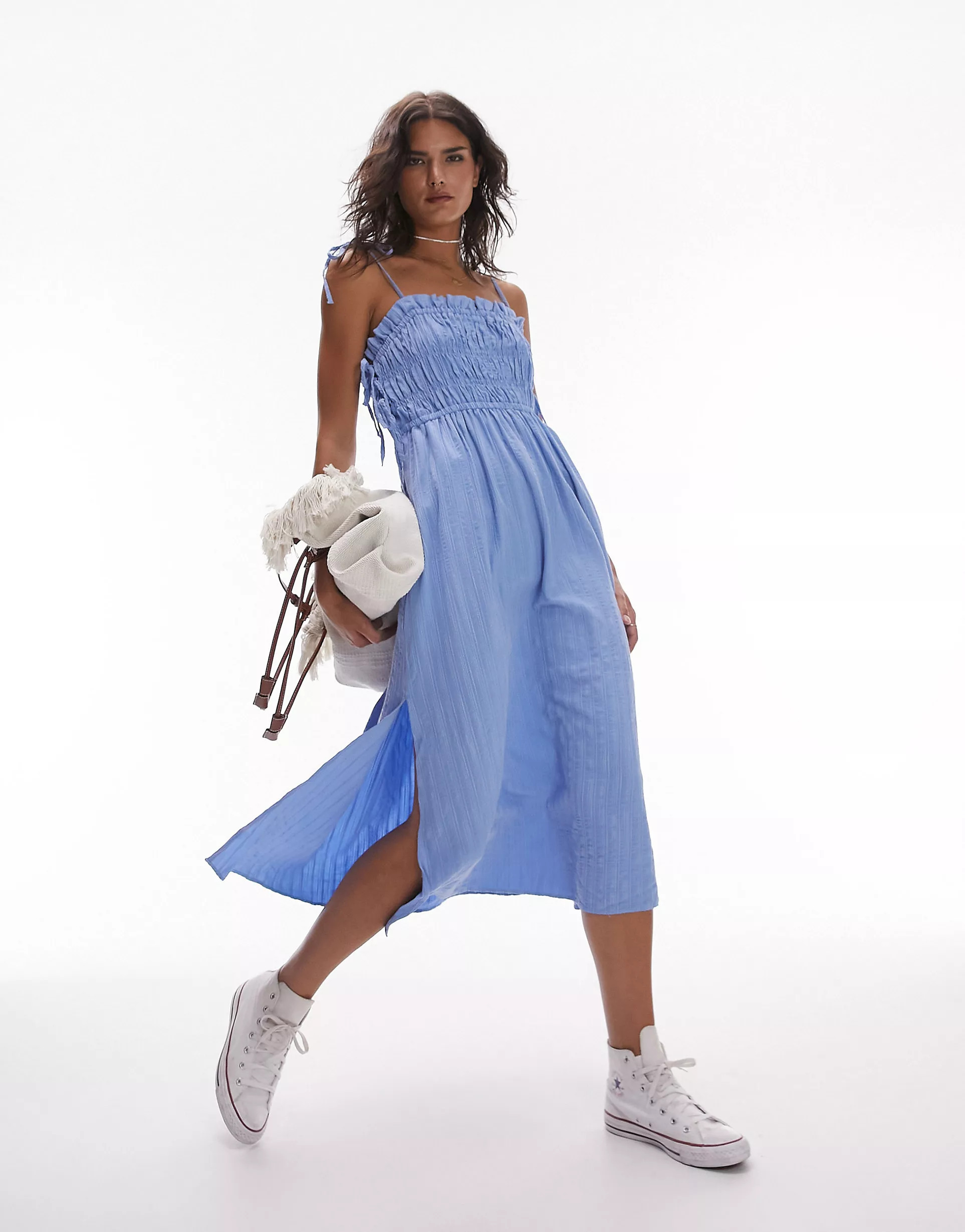 Topshop ruched tie strap textured pinny in blue | ASOS (Global)
