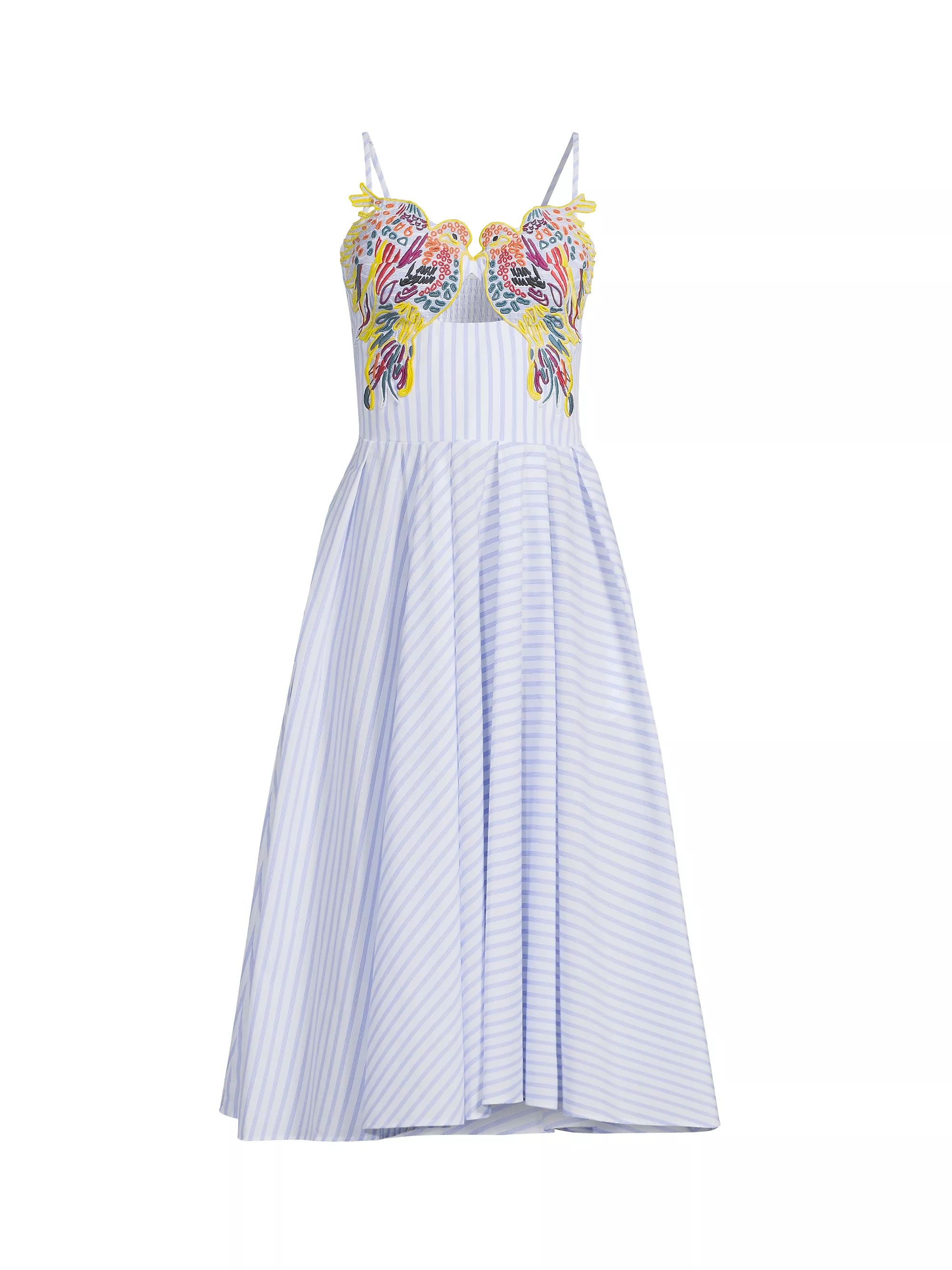 Embroidered Dove Stripe Cotton Midi-Dress | Saks Fifth Avenue