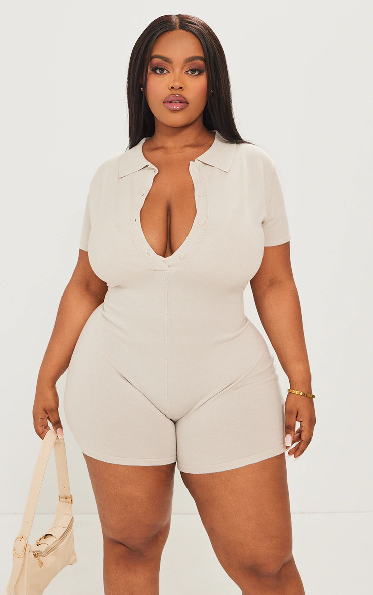 Plus Grey Knit Button Up Romper | PrettyLittleThing US