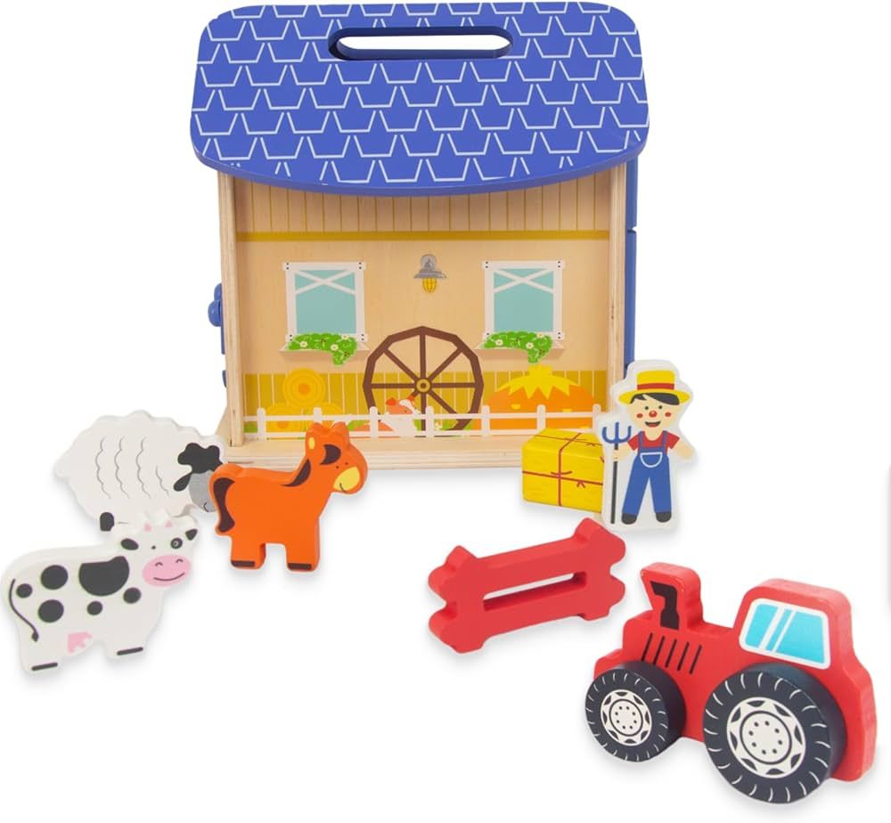 WOODENFUN Wooden Barn Figure Farm Animals Playset for Toddlers, Learning Toys Sensory & Cognitive... | Amazon (US)