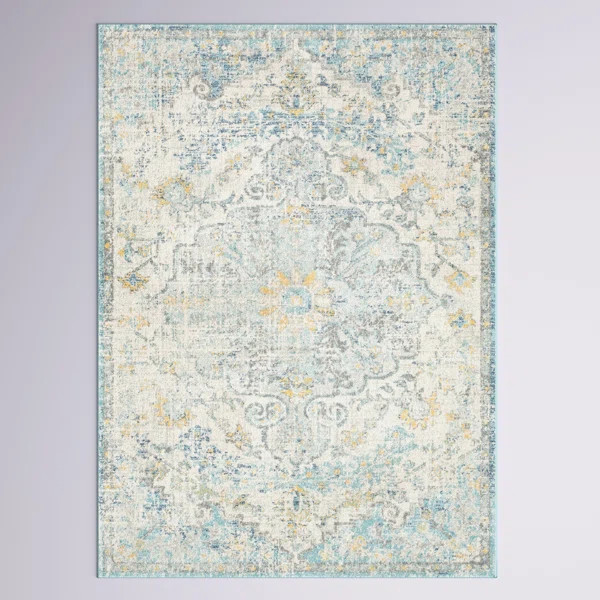 Hillsby Power Loom Performance Ivory Cream/Teal/Yellow Rug | Wayfair North America